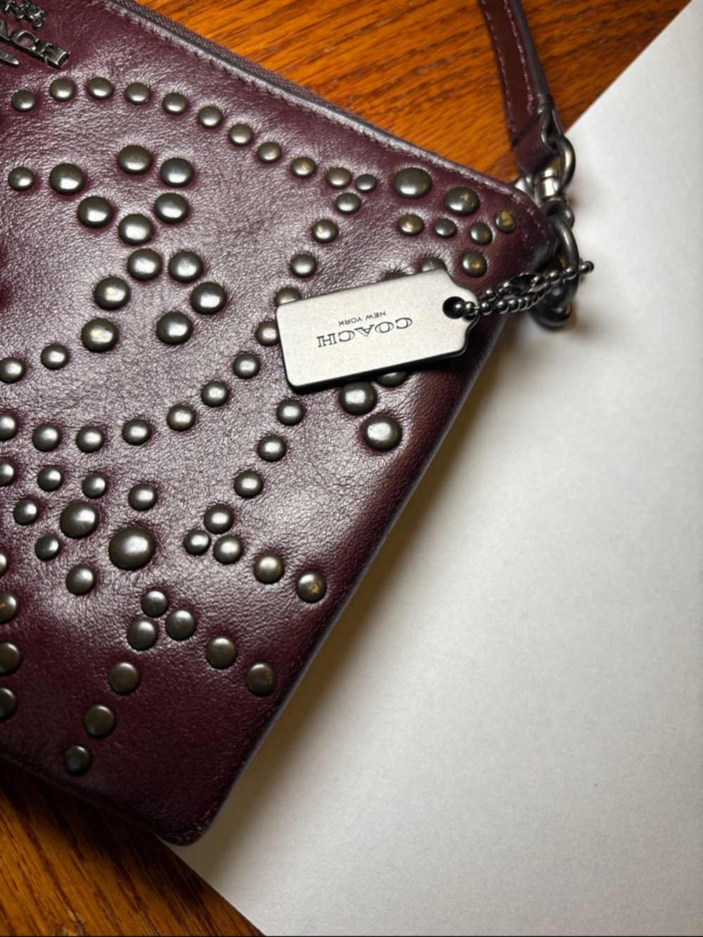 Coach Burgundy Leather Studded Heart Crossbody Bag & Wristlet - Picture 13 of 14
